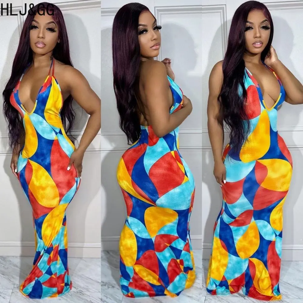

HLJ Sexy Deep V Bohemian Style Floor Dresses Women Sleeveless Bodycon Party Holidays Vestidos Summer Backless Streetwear 2023