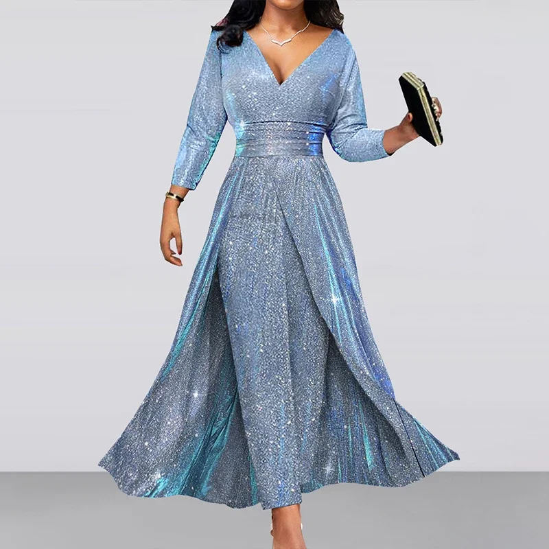 

Women Sexy Deep V-neck Hollow Sequins Jumpsuit Spring High Waist Swing Playsuit Romper Autumn Long Sleeve Slim Straight Overalls