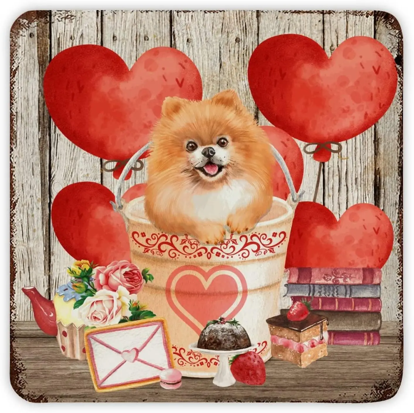

Ретро металлический жестяной знак на День святого Валентина собака розы и любящее сердце воздушные шары Ностальгический домашний знак винтажное металлическое искусство