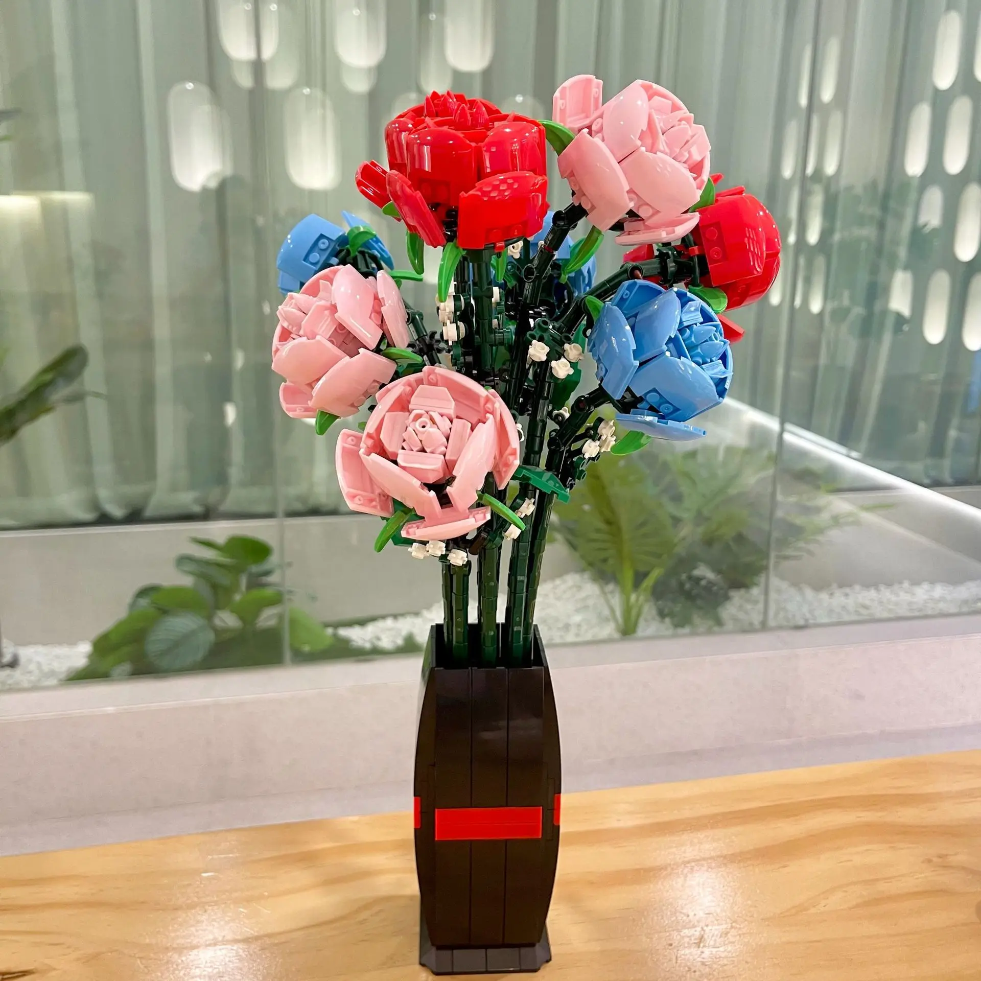 작은 입자 빌딩 블록 실내 장식 화분, 침실 장식, 여러 장미 꽃다발, 친구 선물