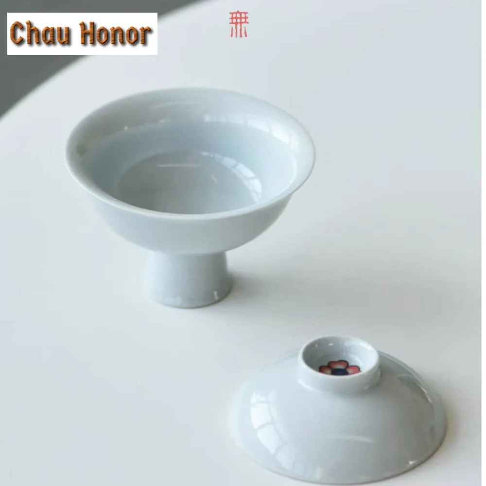 70ml Ceramic 45 Degree Gray High Foot Covered Bowl Dunhuang Small Flower Tea Tureen Creative Tea Brewing Gaiwan Kung Fu Teaset
