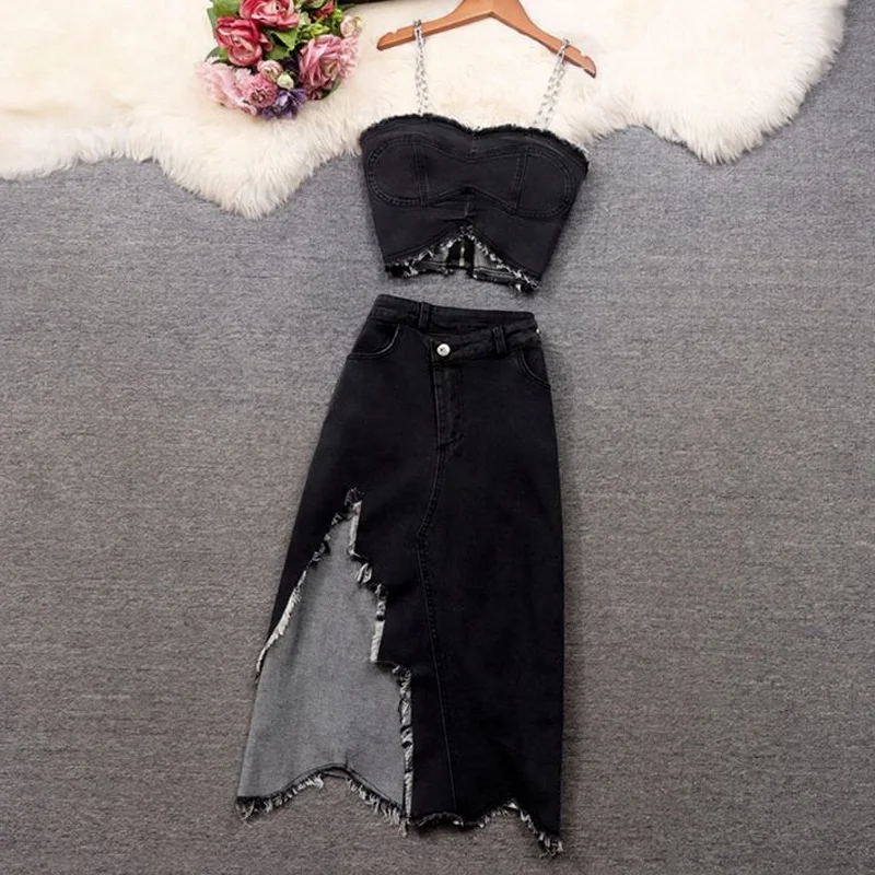 

Женский сексуальный женский костюм Y2K, модель 2023 года, женский комплект из двух предметов, подходящая летняя одежда, черная джинсовая одежда для клуба