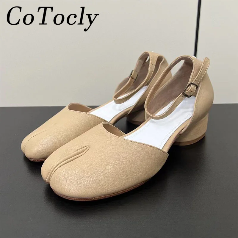 

New Split Toe Shoes Woman Genuine Leather Loafers Buckle Strap Round Heels Runway Shoes Butterfly-knot Slingback Sandals Women