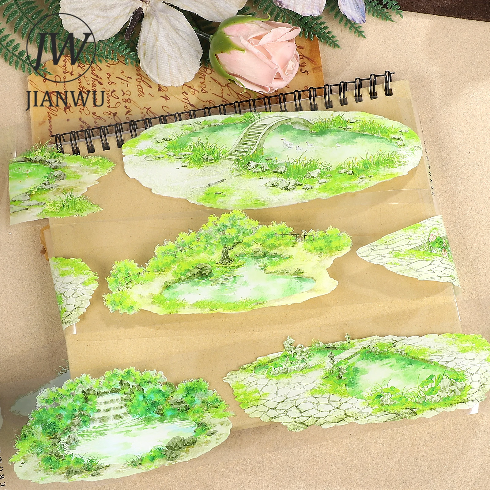 JIANWU 60mm*5m 빈티지 봄 식물 연못 풍경 재료 콜라주 스크랩북 PET 테이프 창의적인 DIY 저널 문구