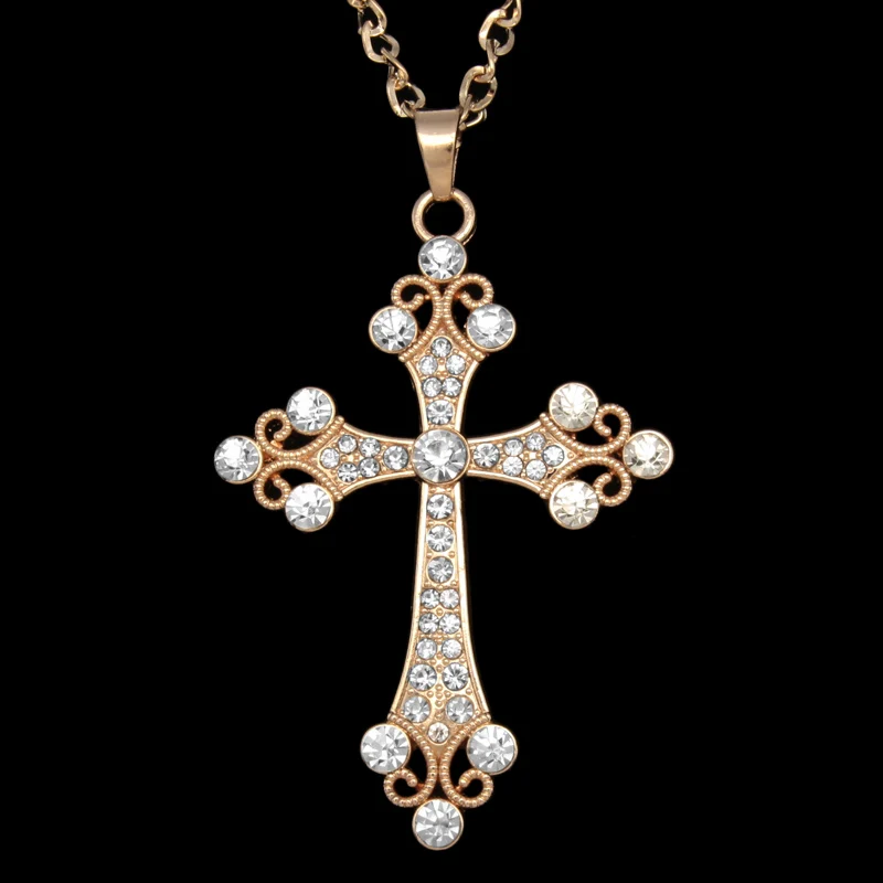 Big Silver Color Cross Pendant Necklace Crystal Rhinestone Long