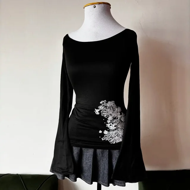 Mode européenne et américaine nouveau imprimé fleuri col rond à manches longues petit haut ajusté noir T-Shirt à fines rayures 1