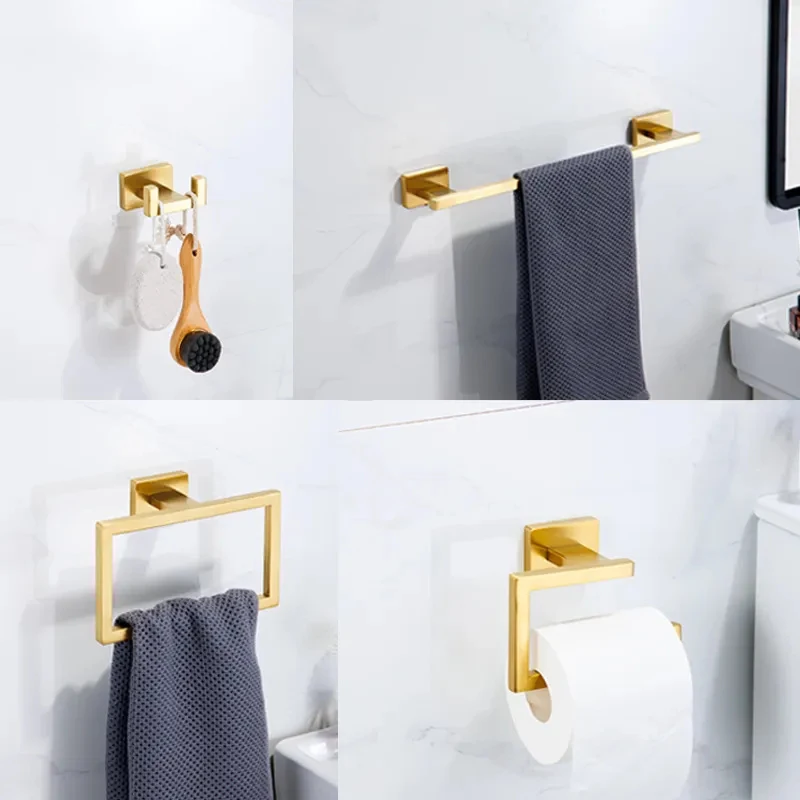 Bathroom Hardware Set Black/ Gold Stainless Steel Towel Holder Roll Paper Holder Square Towel Ring Robe Hook Bathroom Shelf Set