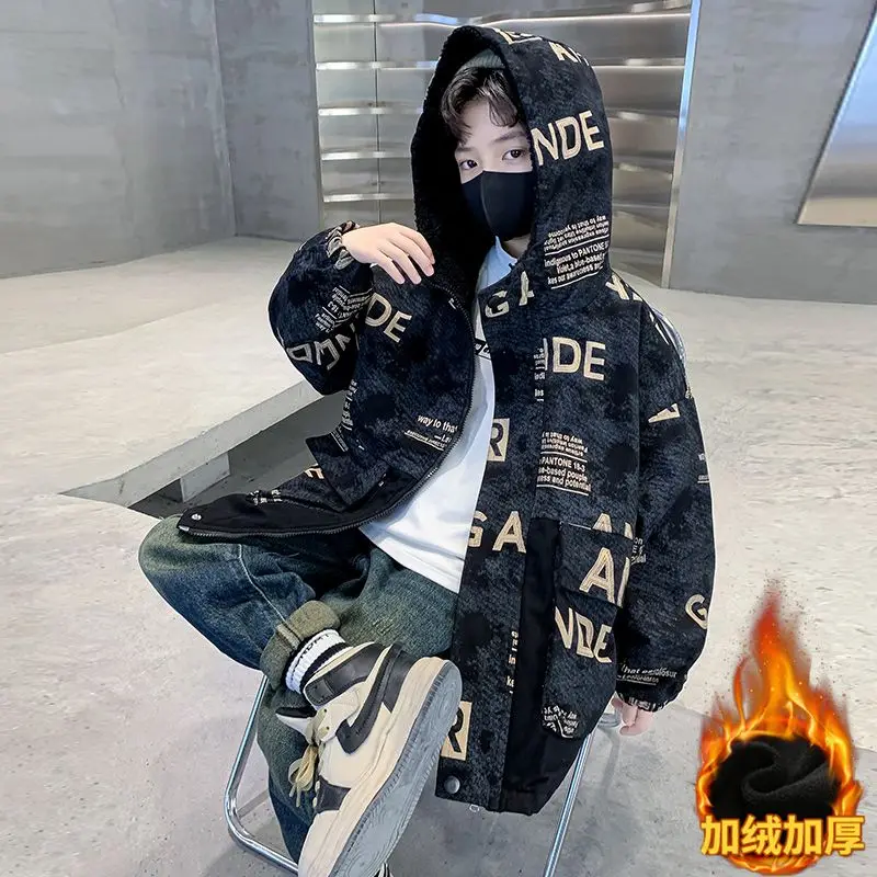 Teenage Boys Oversized Jacket for Autumn Winter New Children's Clothing Cotton Jacket with Thick Fleece Big Boy Parka 방설복