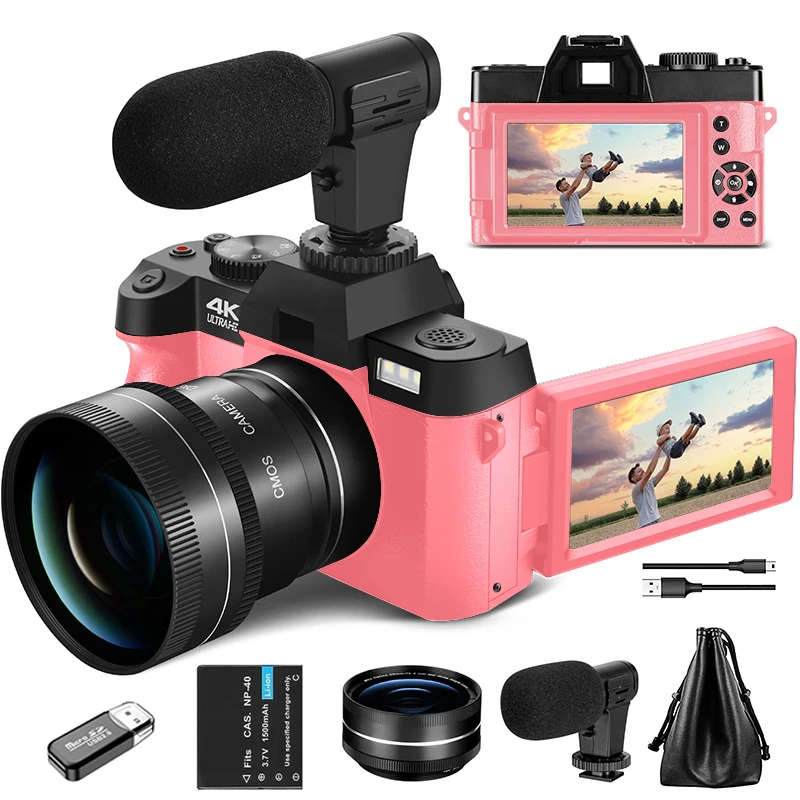 G-Anica Macro Lens 4K Pink Digital Camera Flip Screen Selfie Camera 48MP YouTube Vlog WIFI Network Camera 16X Digital Zoom