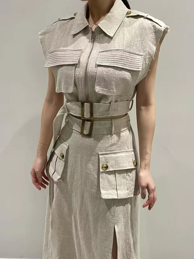 

[EWQ] 2023 summer Women Suits Zipper Sleeveless Jacket Vest +High Waist Lace-up Split Pocket Mid-calf Skirt elegant suit 16Y9435