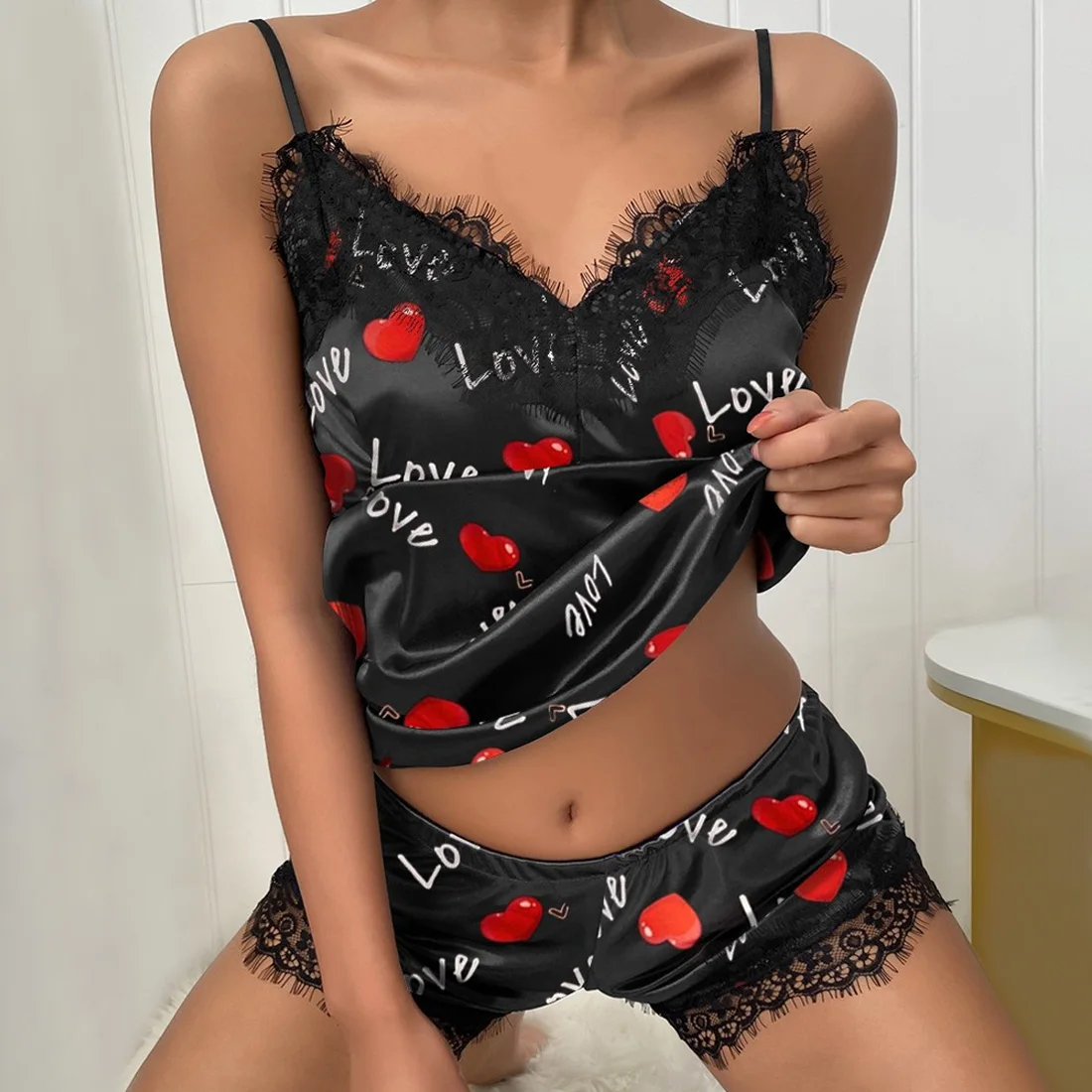 Women's Two Piece Lace Love Heart Lips Dot Kawaii Print V Neck Silk Fashion Comfortable Pajamas Elegant Homewear Set pajama sets
