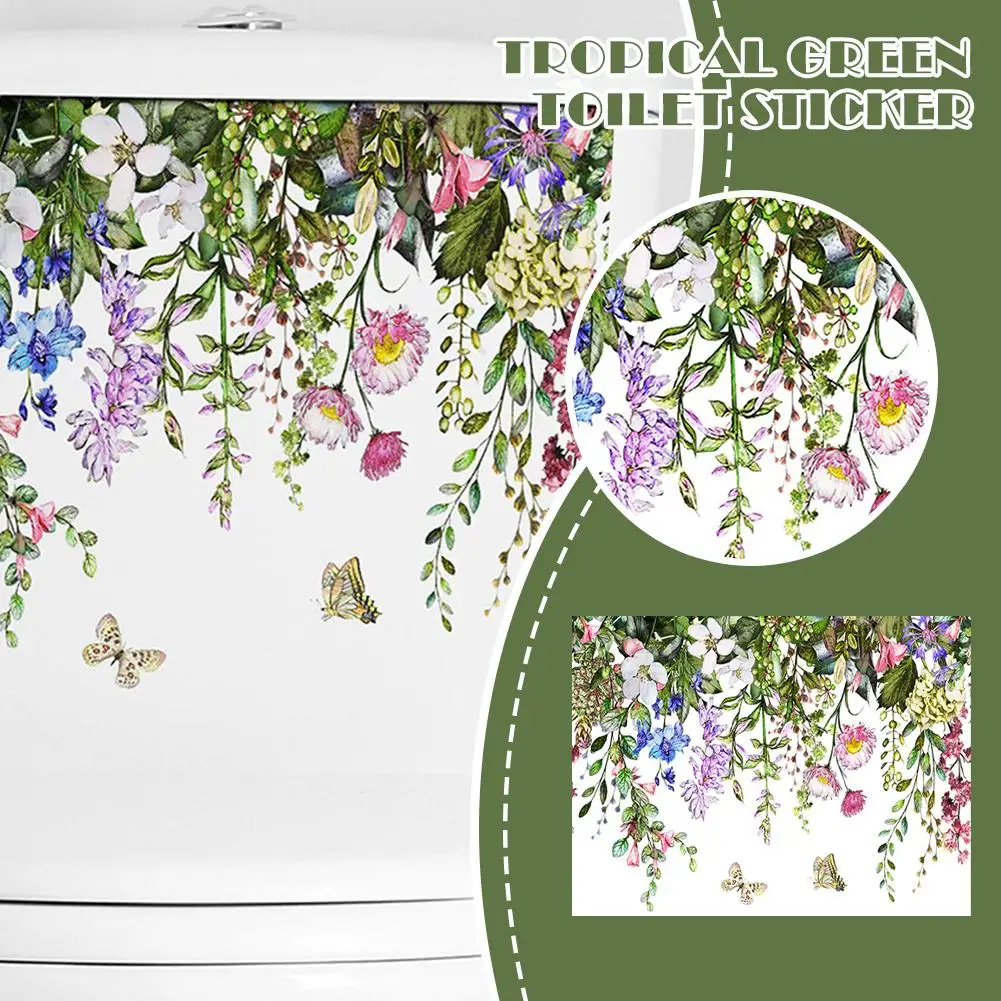Toilet Stickers Green Plants Flower Leaves Butterfly Wall Sticker Bathroom Floral Self Adhesive PVC Mural Home Decoration Decals