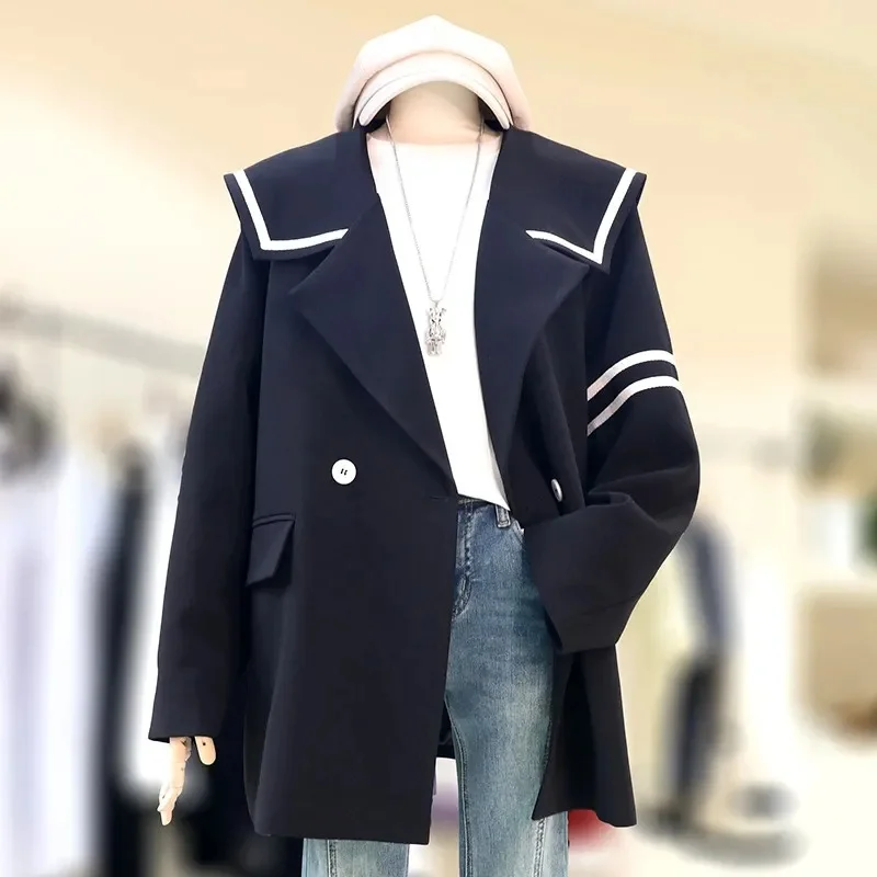Women's Fat mm Senior Sense Navy Collar Suit Jacket Women 2023 Spring and Autumn New age Reduction Leisure Suit Tide Solid Color