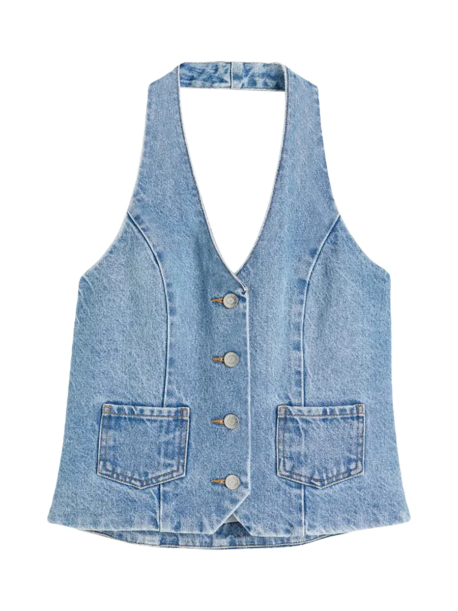 

Women Halter Top Sleeveless Tops Backless Button Closure Summer Vest for Club Party