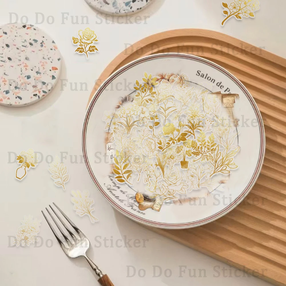 50PCS 아름답고 낭만적 인 골드 식물 꽃 애완 동물 스티커 크리 에이 티브 장식 스크랩북 워터 컵 전화 케이스 기타 DIY 스티커