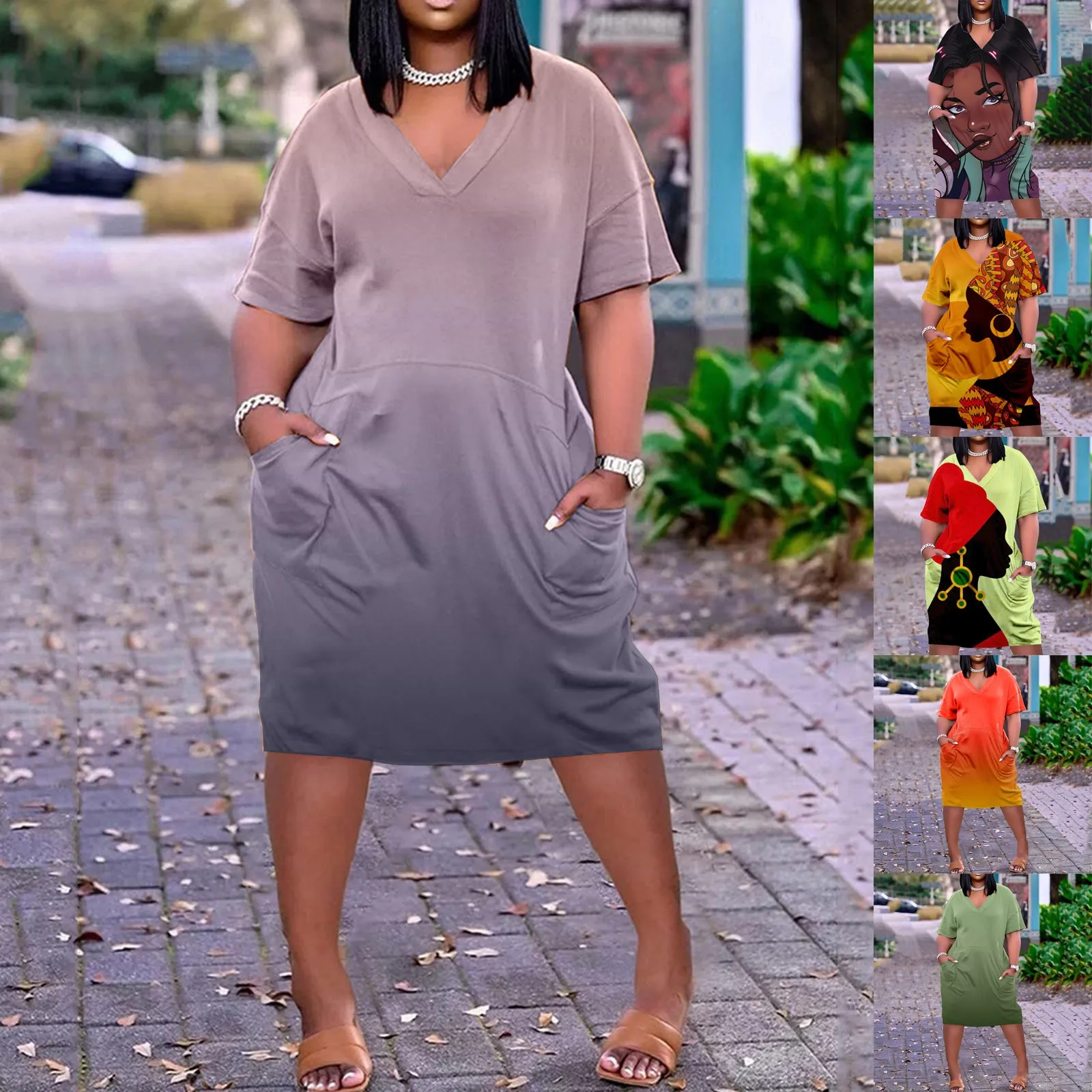 

Clothes For Women Party Slim Skin-Friendly Gradient Color With Pockets V Neck Loose Women Summer Dress Simple Dress Vestidos