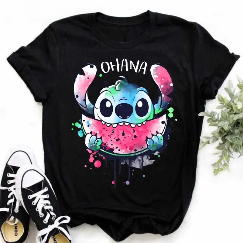 Disney Lilo Stitch Cartoon T-shirts Tops for Women Lady Summer Female T-shirts Black O-neck Ohana Stitch Hot Tees T-shirts 4