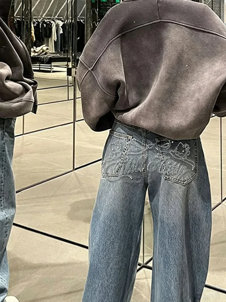 2025 Blue Jeans Women's Y2K Retro Jeans Back Flash Diamond Bent Knife Pants Niche High End Classic Letter Hot Stamping 3