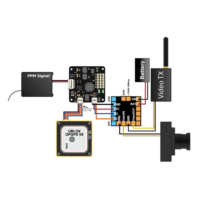 Module OSD MinimOSD pour CC3D Naze32 F3 F4, connecté à un contrôleur de vol via câbles, prêt à être installé.