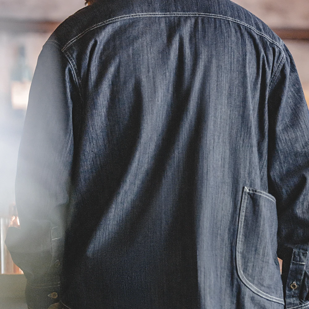 Men's Casual Button Down Long Sleeve Denim Shirt Vintage Washed Pockets Loose Workwear Tops Large Pocket