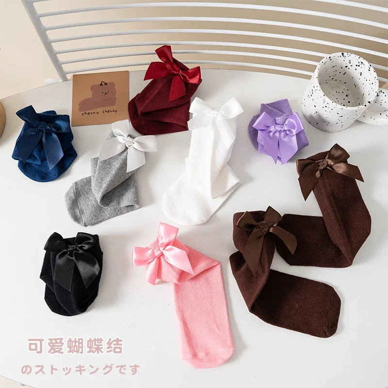여아 미디움 튜브 양말 봄 가을 로리타 리본 한국 버전 공주 어린이 여학생 단색 롱 튜브 댄스 양말