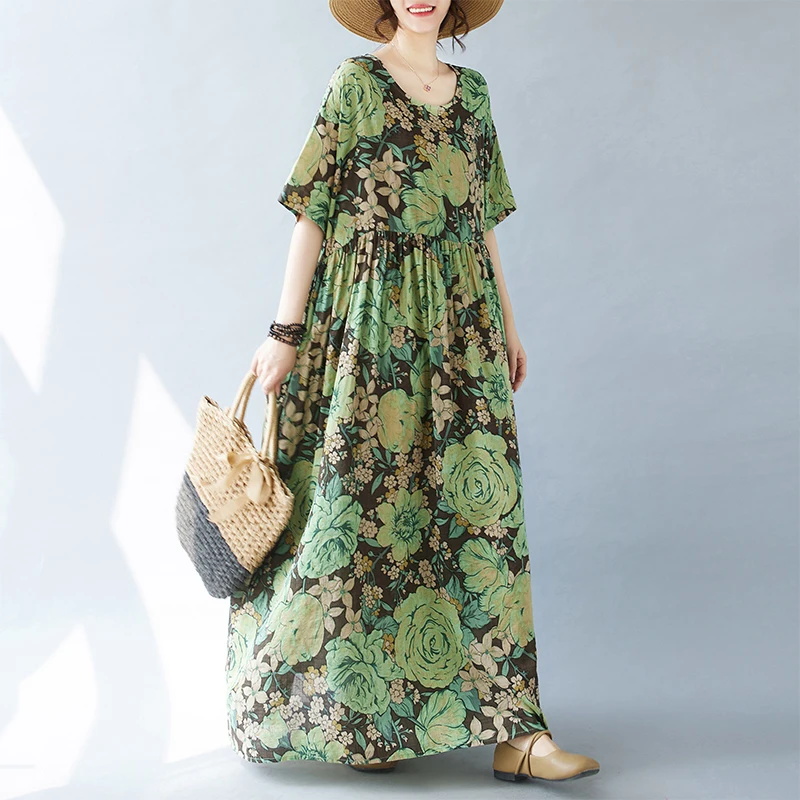 

NYFS 2024 Summer New Vintage Womens Dresses Vestidos Robe Ete Cotton Linen Loose Print Short Sleeve Bohemia Long Dress