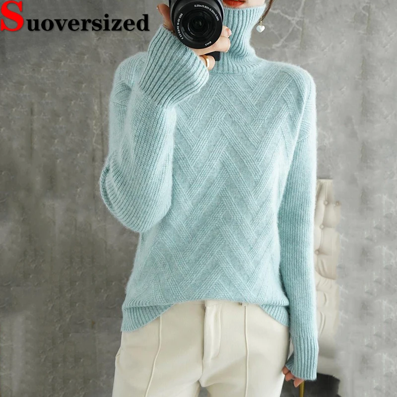 

Korean Women's Turtleneck Sweater Fall Winter Casual Bottomed Pullover Thick Soft Knitted Jumper Loose Warm Long Sleeve Tops