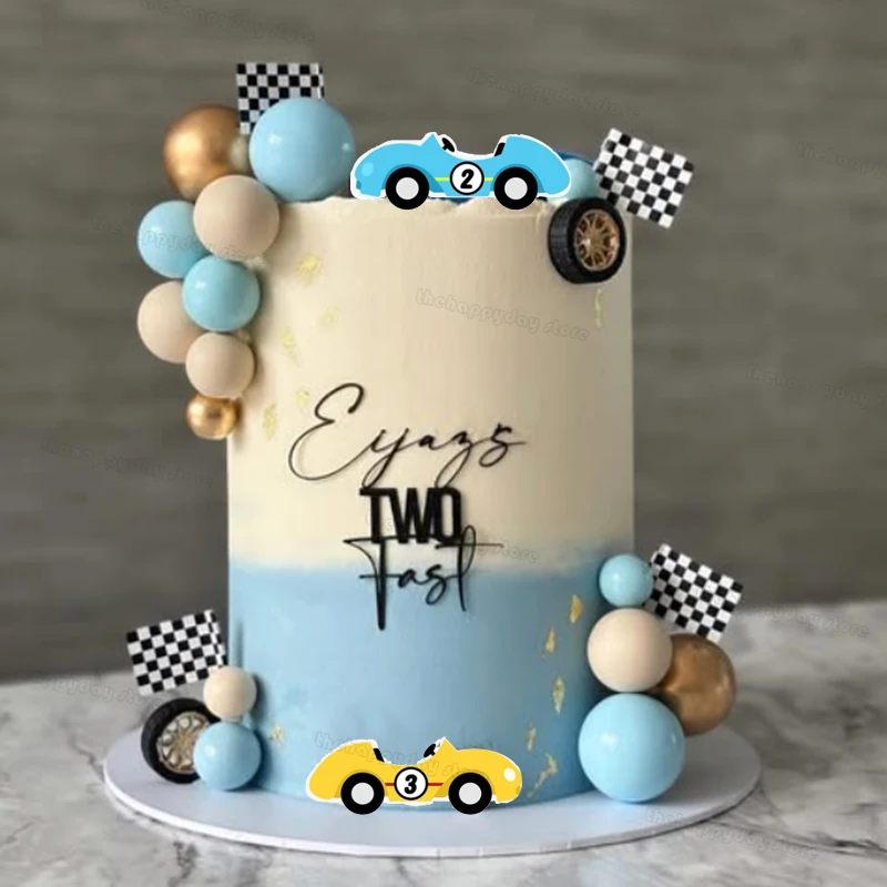 33 Stück Rennwagen-Kuchendekorationen, blaue Kugeln, Kuchendeckel, Auto-Kuchenaufsatz für zwei schnelle Geburtstage, Babyparty, Taufe, Kuchendekoration