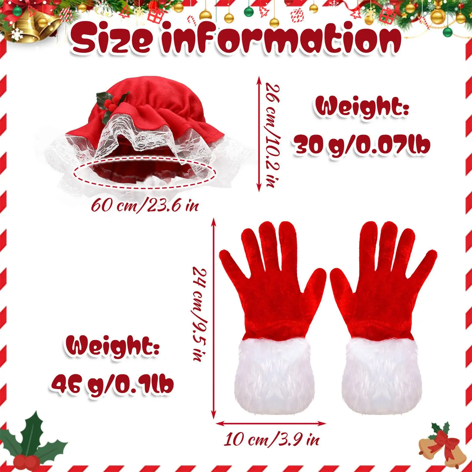 Mrs Claus Hat And Gloves Set Christmas Kids Cosplay Accessories Mrs Santa Role Playing Hat & Gloves For Women Girls Kids Adults