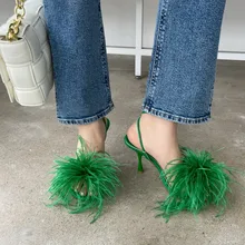 

Fashion 2022 Summer Brand Design Women Sandals Ladies Sexy Open Toe Furry Fur Round Toe High-Heeled Party Dress Pumps Shoes