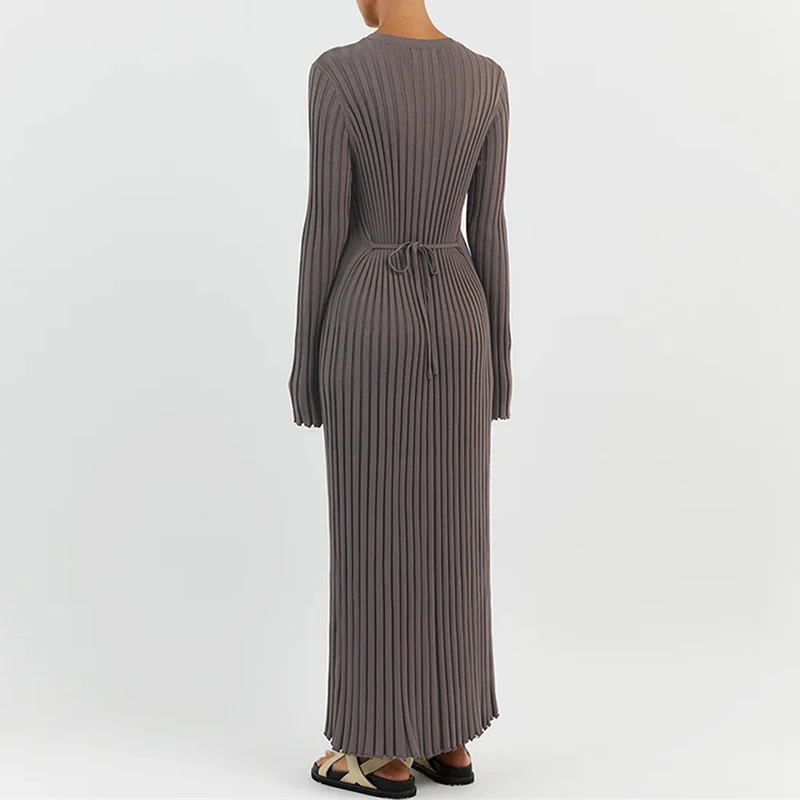 90s Vintage Tie Waist Dress Women Elegant Ribbed  Full Sleeve Maxi Dress Crew Neck Bodycon Pencil Long Dress Streetwear 2024 5