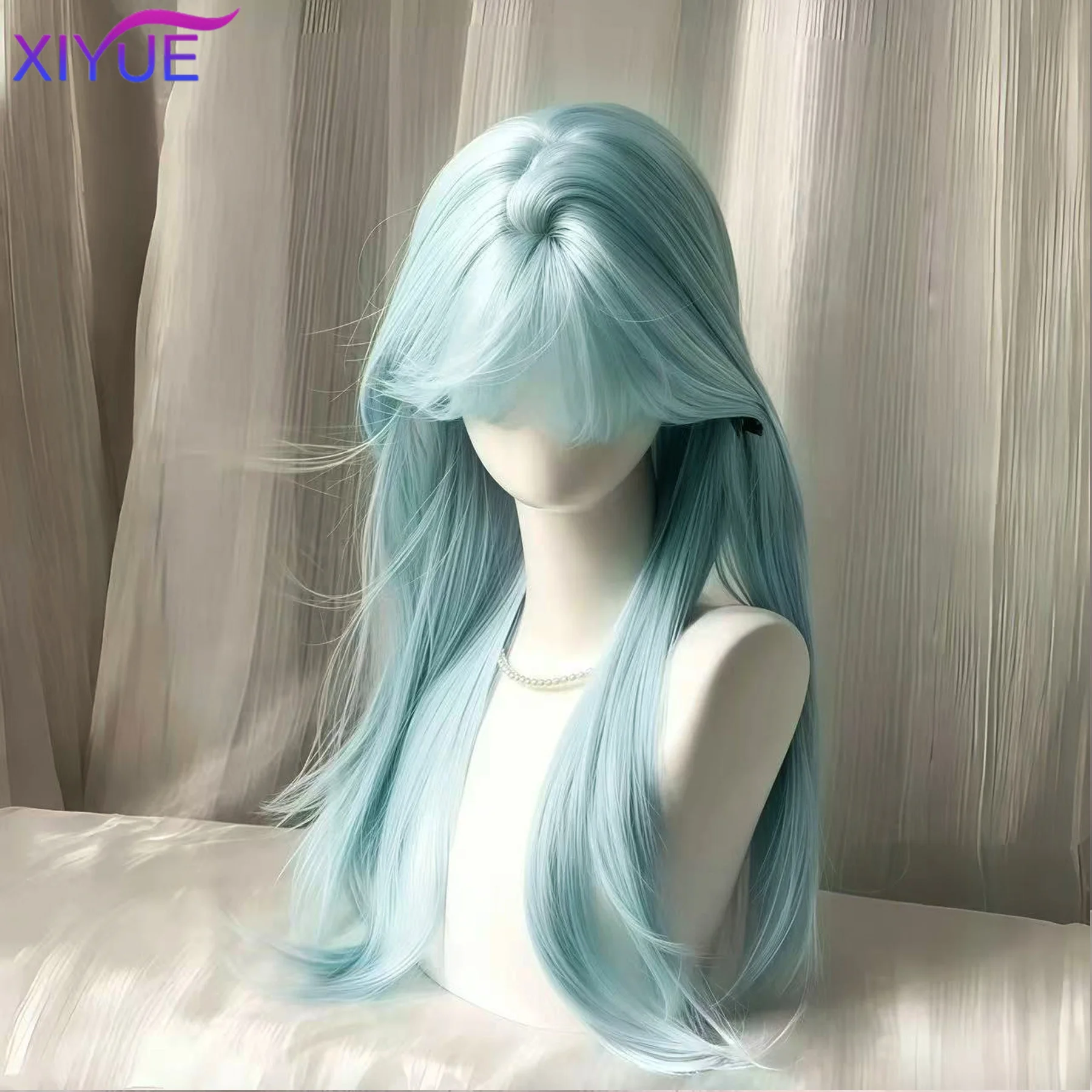XIYUE Wig blue-green Wig for Women Long Wavy Hair Heat-resistant blue-green Wisg with Bangs Lolita Synthetic Wigs 가발