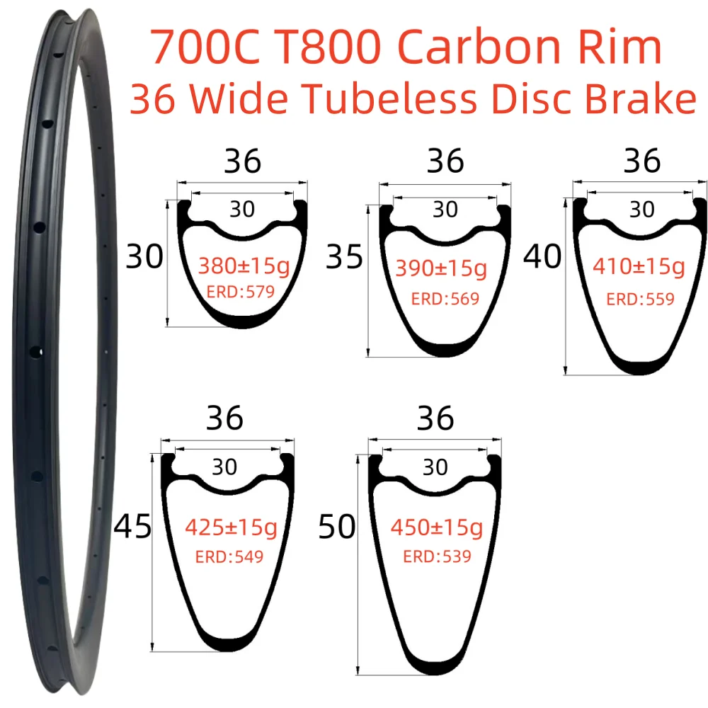 700C Carbon Rims 28/30/36mm Wide 30/35/40/45/50/55/60mm Depth Tubeless Disc Brake Super Light Road Bike Carbon Rims 3