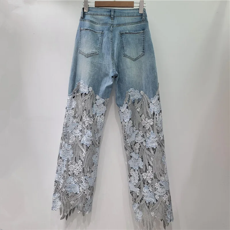 DEAT Women's Jeans High Waist Embroidery Lace Hollow Out