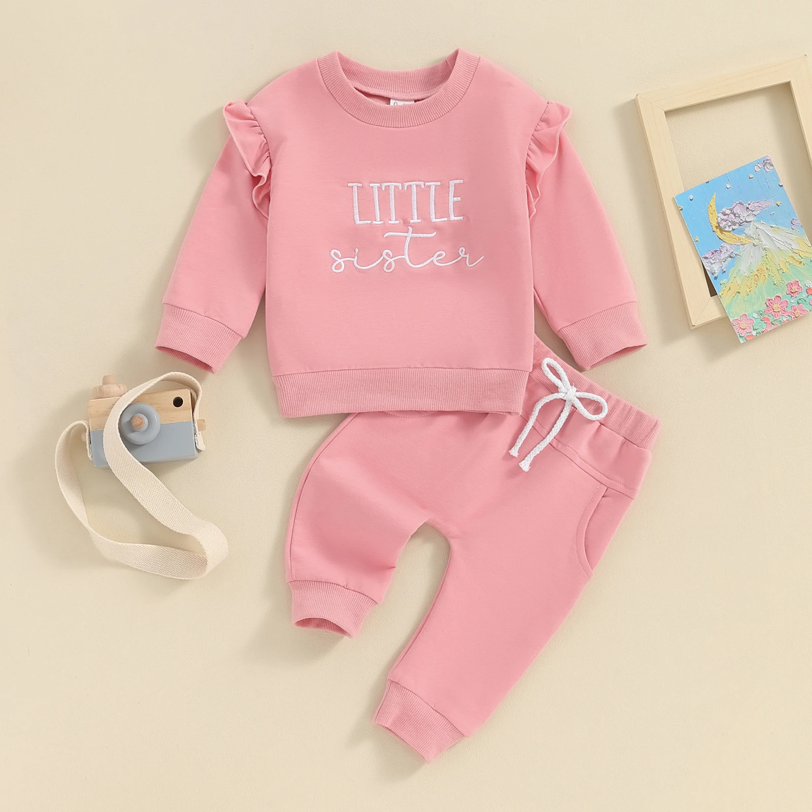 Toddler Girls Sister Matching Outfits Letter Embroidered Crew Neck Long Sleeve Sweatshirts Long Pants 2Pcs Fall Clothes Set 2