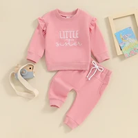Toddler Girls Sister Matching Outfits Letter Embroidered Crew Neck Long Sleeve Sweatshirts Long Pants 2Pcs Fall Clothes Set 2
