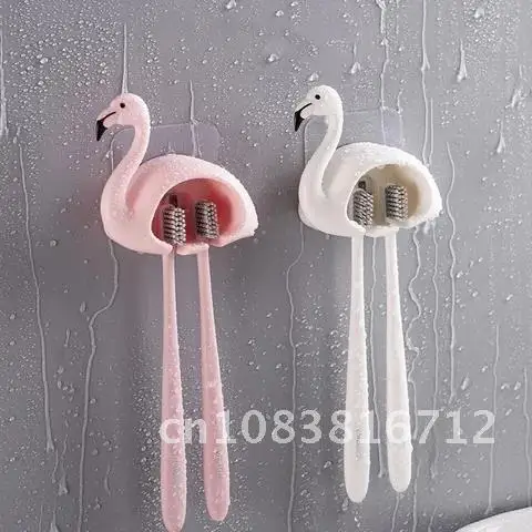 

Bathroom Accessories Flamingo Shaped Toothbrush Holder Sucker 2 Position Cartoon Wall Mount Toothbrush Storage Rack WIKHOSTAR