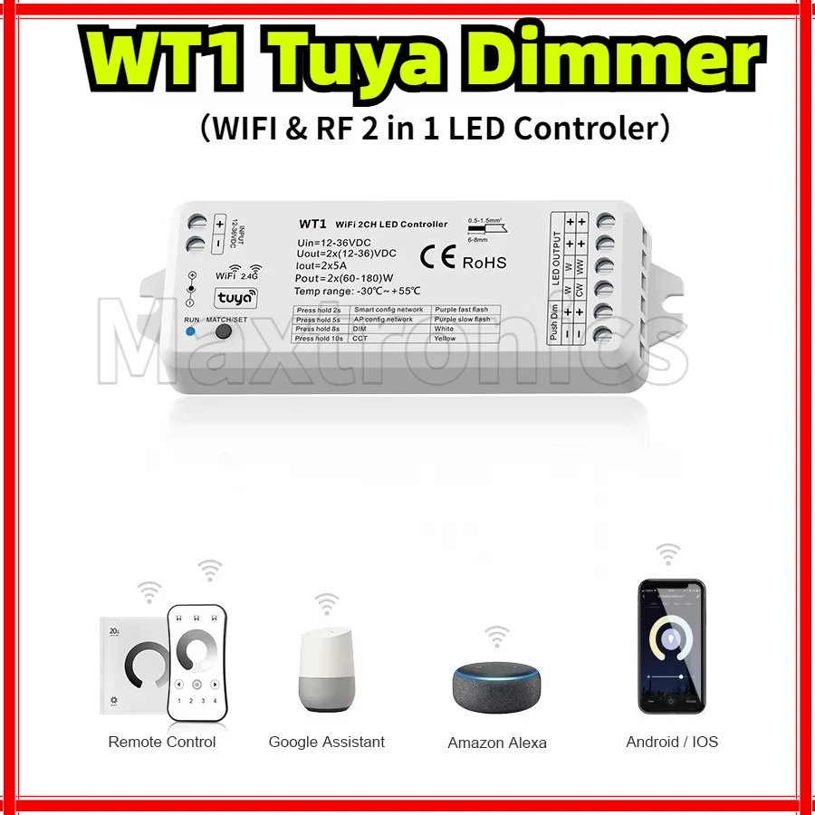 Wt1 Led Controller WT1 Tuya LEDコントローラー 12V 24V 36V DC 2CH 10A スマートWifi 2.4G RF ワイヤレスリモート ...