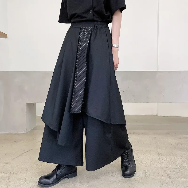 Mens Wide Leg Pants Striped Patchwork Streetwear Elastic Waist Irregular Skirts Trousers Loose Punk Japanese Dark Fighter Pants wide leg pants