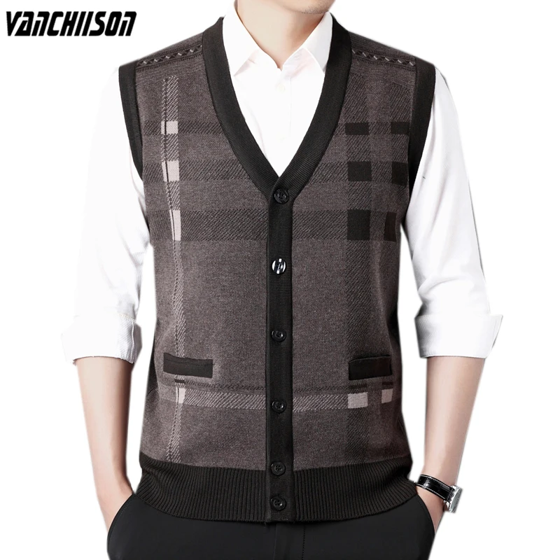

Men Basic Knit Vest Sleeveless Sweater Thick for Autumn Winter Buttons Down V Neck Stripes Retro Vintage Male Clothing 01040