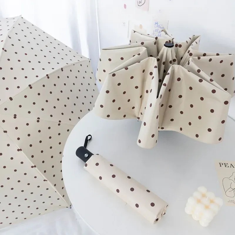 Stylish Polka Dot Auto-Folding Umbrella UPF 50+ Black Coated Sun & Rain Protection Compact Travel Umbrella