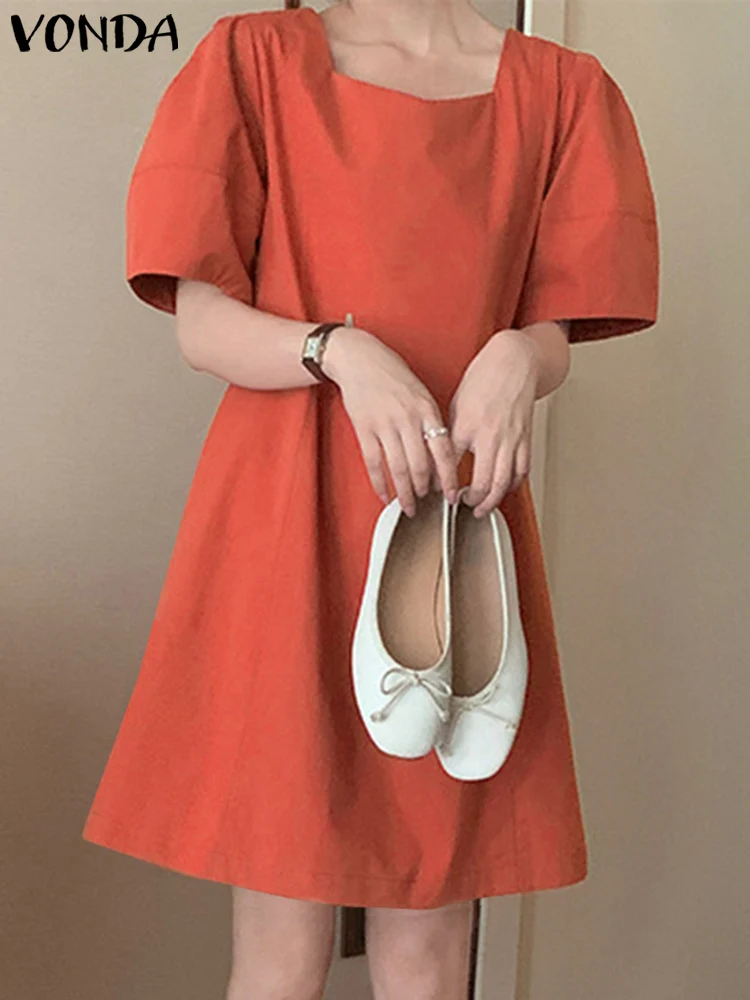 

VONDA Summer Mini Dress 2024 Fashion Short Sleeve Solid Color Sundress Women Vestidos Bohemian O Neck Short Party Dresses