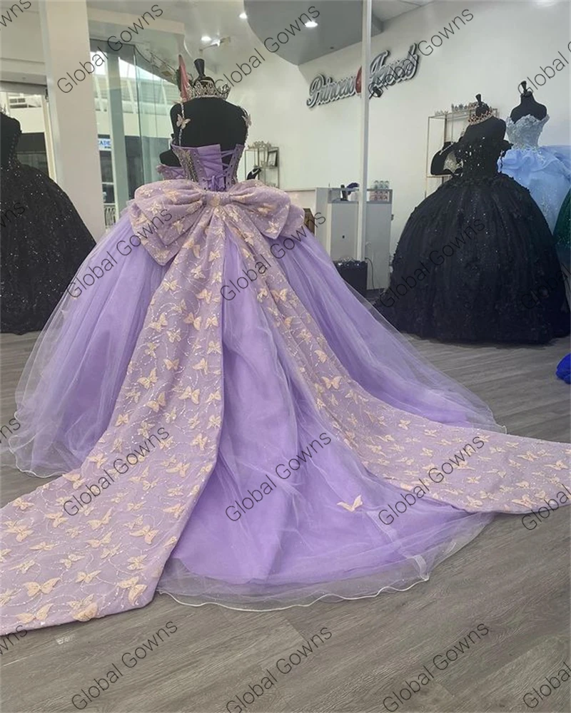 Lilac Purple Sweetheart Ball Gown Quinceanera Dress For Girls Bow Butterfly Birthday Party Gowns Beaded Prom Vestido De 15 Anos