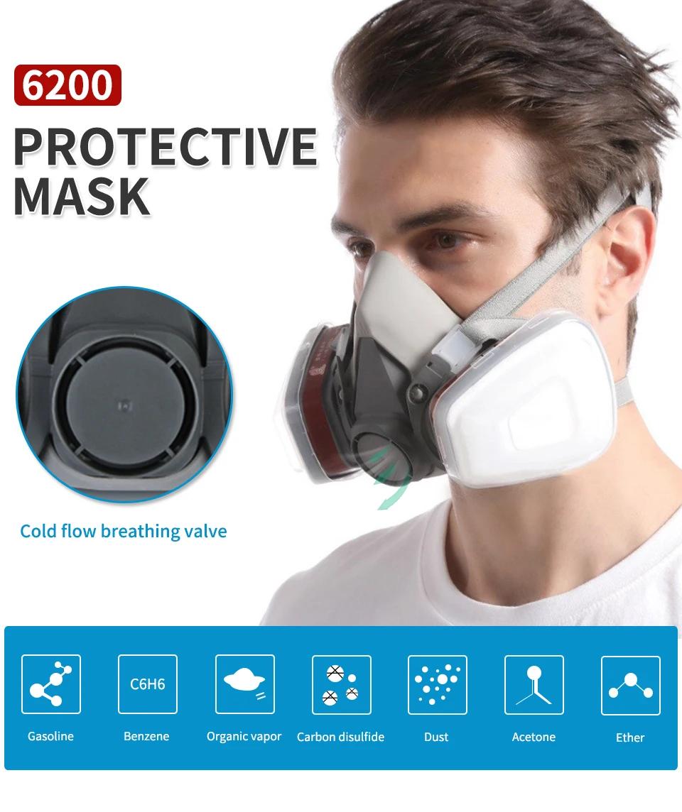 Gas Mask Reusable Respirator 6200 Half Face Cover with Fog-proof Glasses for Painting Spray
