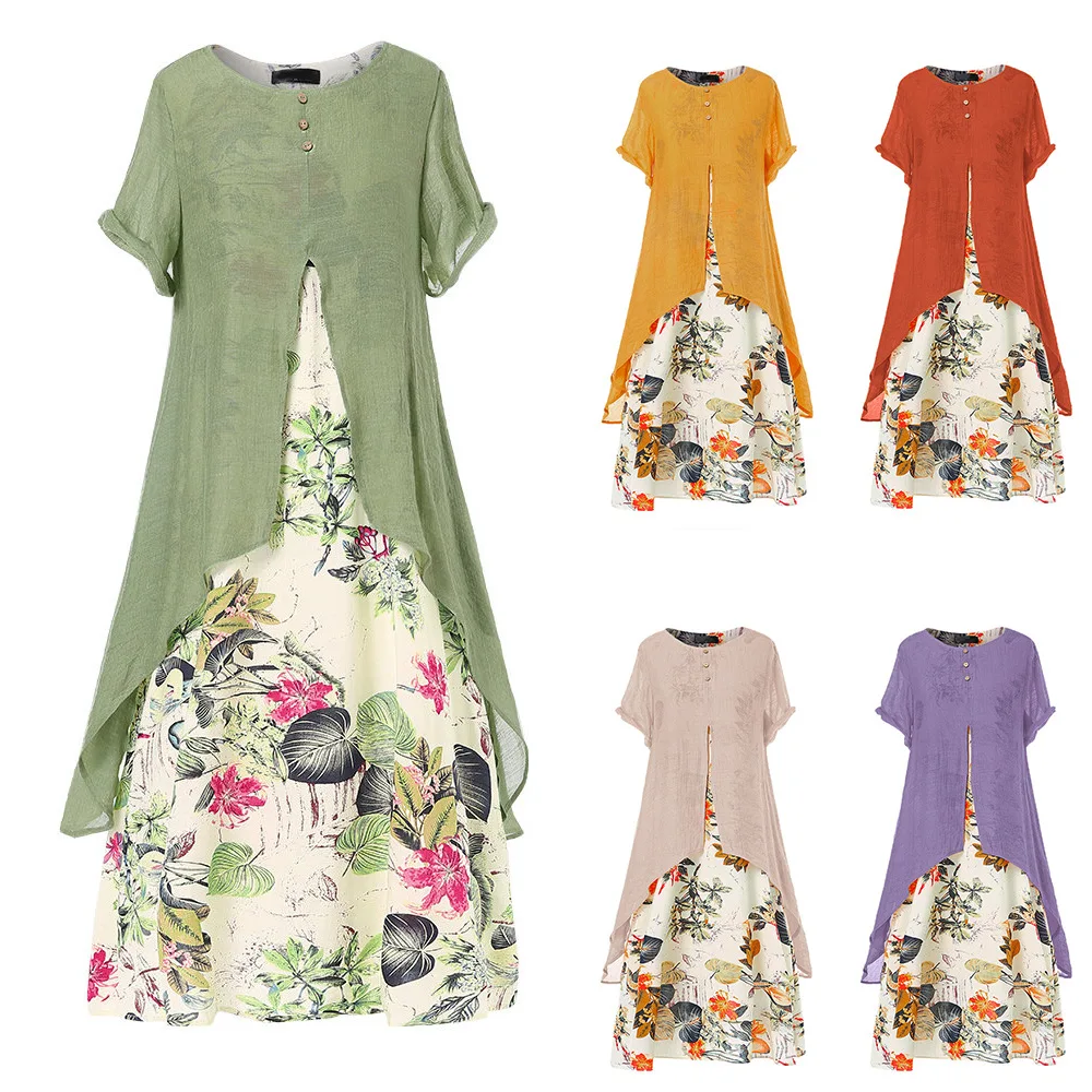 

Temperament of 2022 senior cotton and linen floral dress big yards dress round collar pendulum type dress