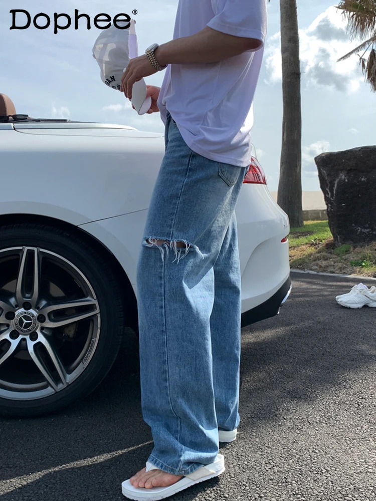 Handsome Jeans Men's 2024 Summer Denim Trousers Loose Comfortable Long Denim Pants Korean Fashion Trendy Design Straight Jeans