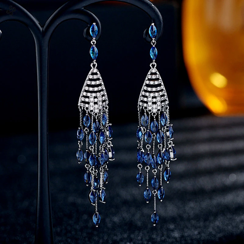 

Retro Long Tassel Stud Earrings, Blue and Green Zircon, Temperament, New Personality