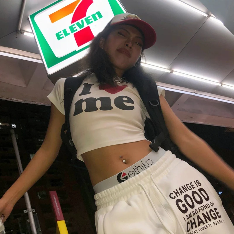 I Love ME 편지 인쇄 Y2K 하라주쿠 자르기 탑 티셔츠 여름 여성 의류 섹시한 티셔츠 빈티지 2000 년대 반팔 자르기 탑