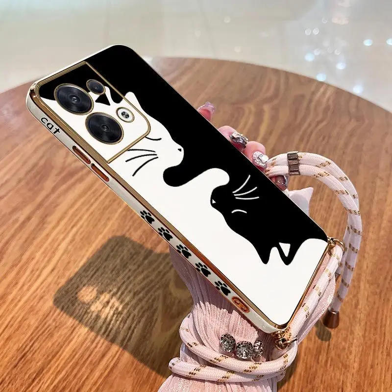 

Black And White Cat Lanyard Plating Phone Case For OPPO Reno 7 Lite 7Z 6Z 6 ProPlus 5 Lite 5F 8 8T 8 Pro 7 4 Lite 4F 3 Pro Cover