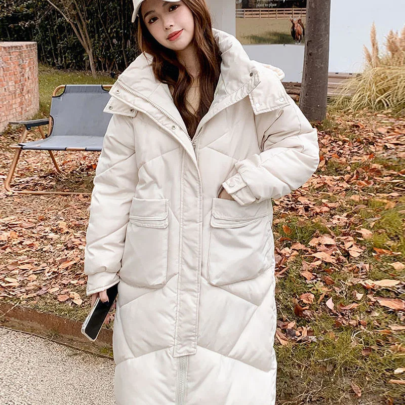 

2023 New Women Winter Long Solid Color Cotton Jacket Fashion Thicken Hooded Big Pocket Coat Casual Warm Female Overcoat